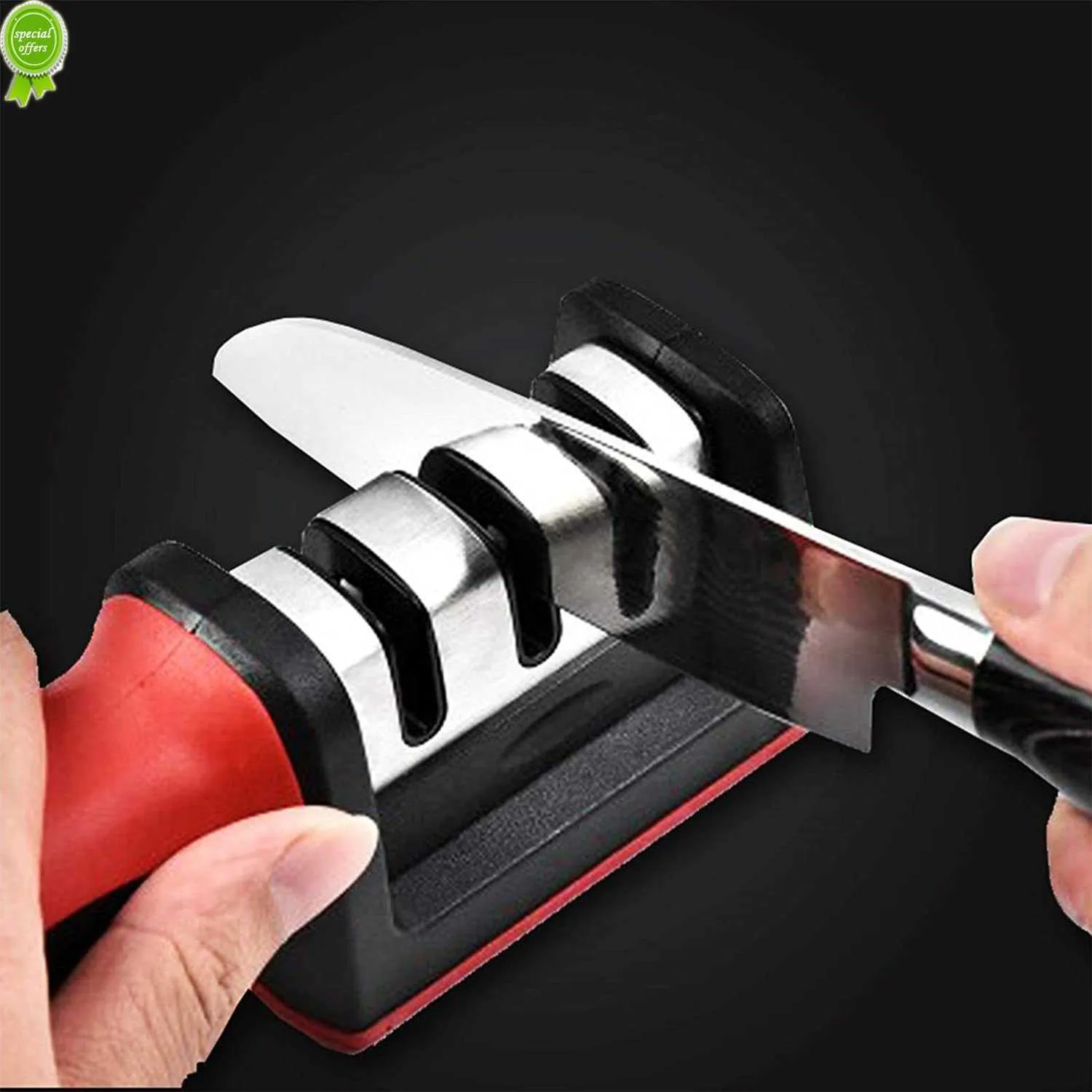 New Kitchen 3 Segment Knife Sharpener Household Multi Functional Hand Held Three Purpose Black Sharpening Stone Tool Kitchen