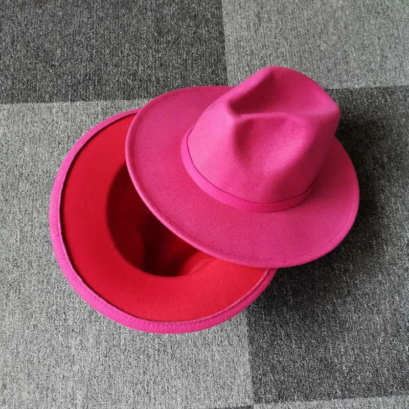 Geniş Memul Şapkalar Unisex dış pembe iç kırmızı patchwork yünü keçe caz fedora kadın erkekler düz panama şapkası beyaz tan trilby vintage şapka xl