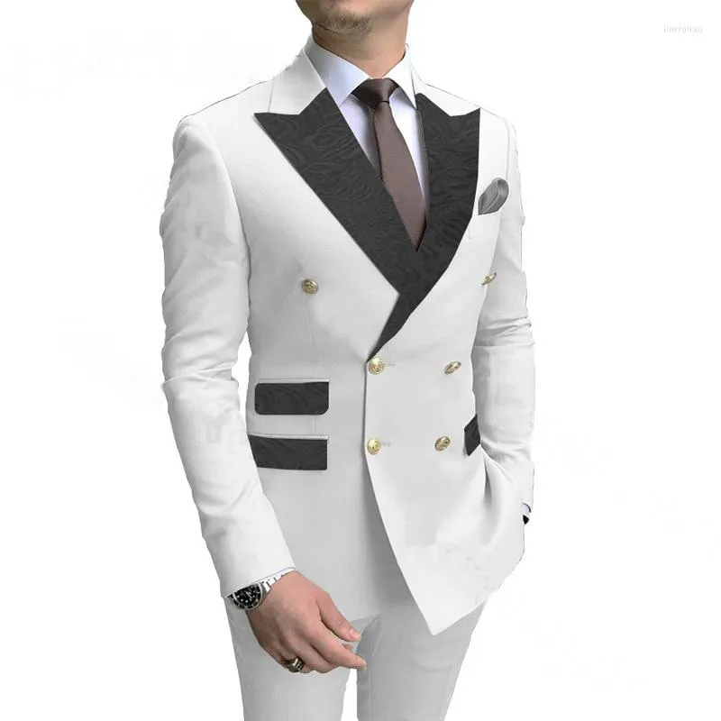 Costumes pour hommes blanc à double boutonnage hommes avec motif floral revers pointu Slim Fit mariage marié smoking 2 pièces mâle mode veste pantalon