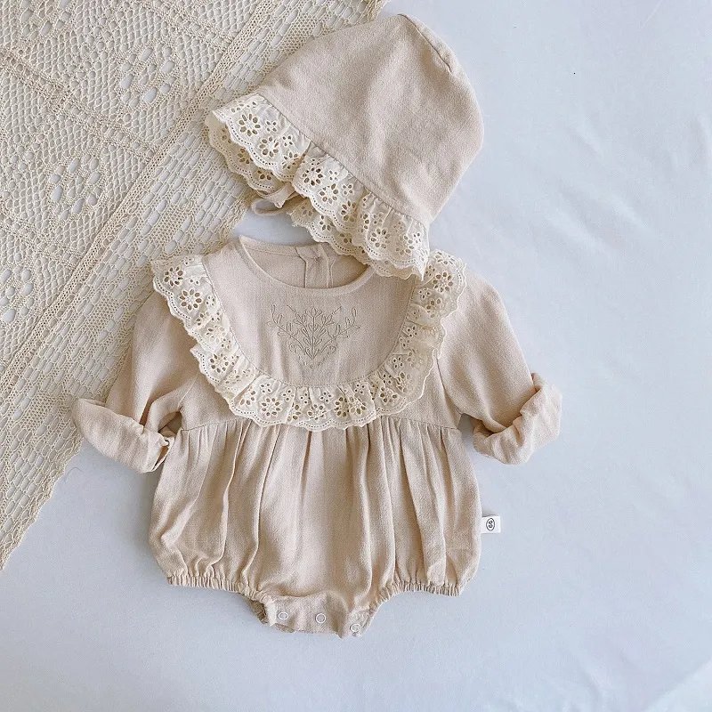 Rompers spetsprinsessan småbarn Romper Autumn Retro Born Baby Girl kläder Cotton Spring Pure Color Spädbarnskläder 2 st med hattar 230517