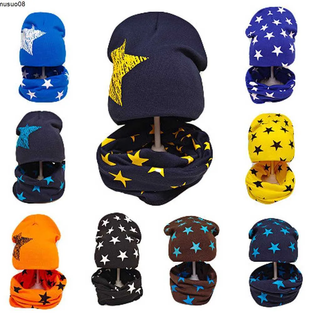 Beanie/Skull Caps Kids Spring Winter Hat and Scarf Set Star tryckt 2st varma stickade mössa mössa och halsduk småbarns motorhuvetillbehör i 6-36 månader J230518