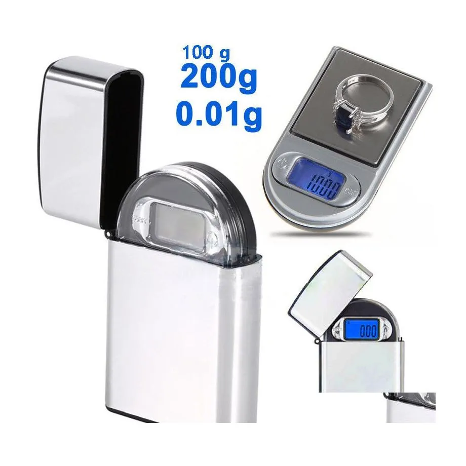 Vägande skalor Mini LCD Digital Pocket Lighter Type Skala smycken guld diamant elektronisk gram med bakgrundsbelysning 100 g/0,01 200 g/0,01 i dhyad