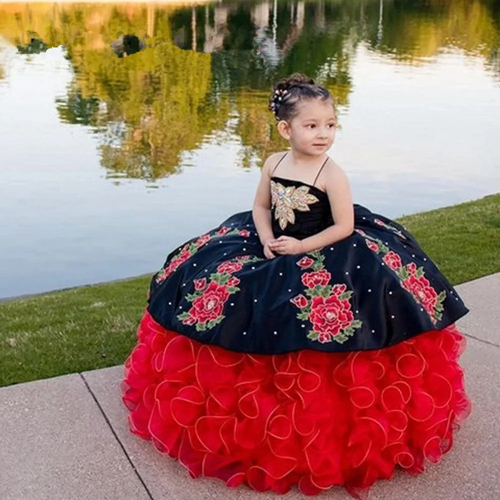 Bambini Princess Embroidery mini abiti quinceanera Crystal Beauty Puffy Flower Girl Birthday Dress For Photography Charro messicano