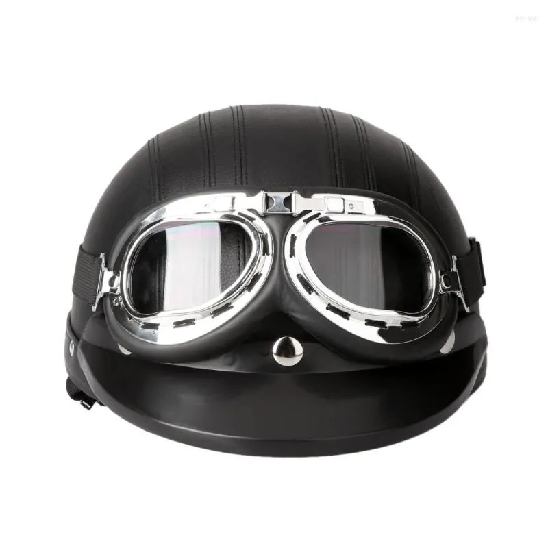 Motorcykelhjälmar 54-60 cm Retro Style Scooter Open Face Half Leather Helmet With Visor UV Goggles