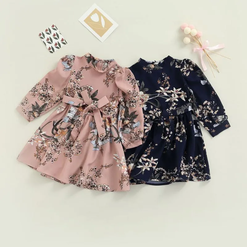 Vestidos de menina garotas infantis garotas meninas da primavera vestido de outono longo de manga longa estampada floral slim fit short royal azul/rosa 2-7t