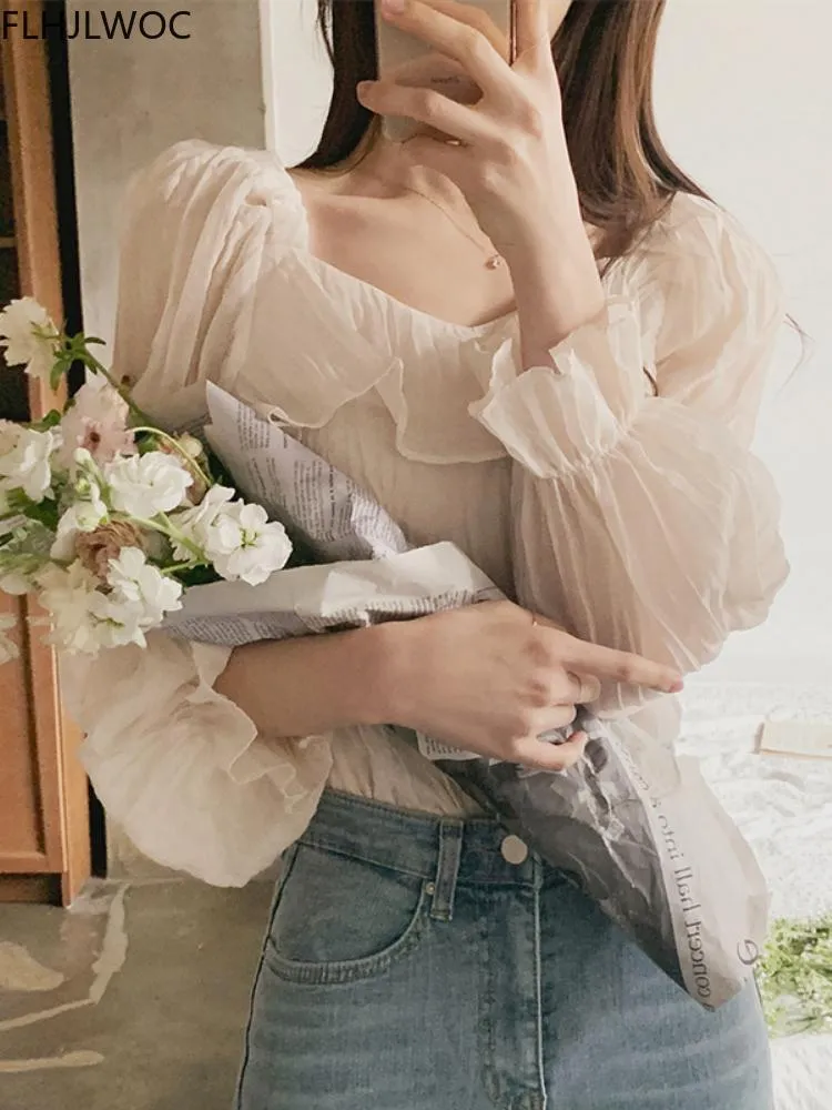 T-Shirt 2022 New Korea Design Shirts Blouses Women Fashion Elegant Sweet Japan Girls Solid Off Shoulder Cute Ruffles Chic Tops 3006