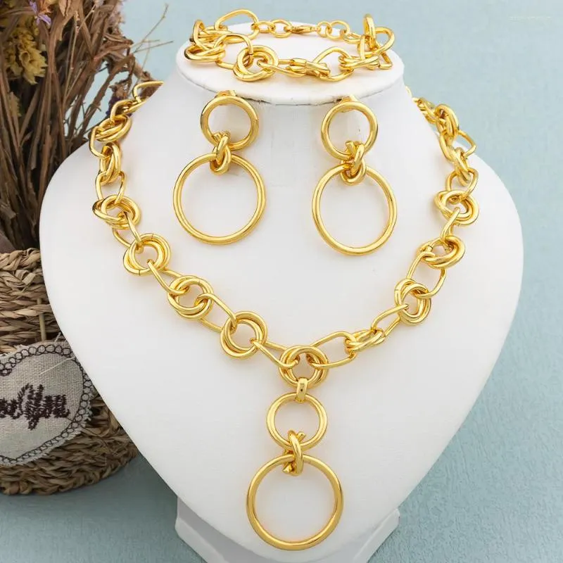 Collier boucles d'oreilles ensemble bijoux plaqué or africain mode chaîne Dubai cerceau grand cercle cuivre Bracelet saint valentin fête cadeau