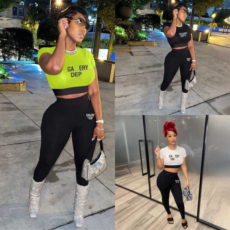 The New Listing Womens Designer Tracksuit Sports Two Piece Set Summer Letter Printing Short Sleeve Top Fashion Splice Tight Hip Lifting Pants Suit