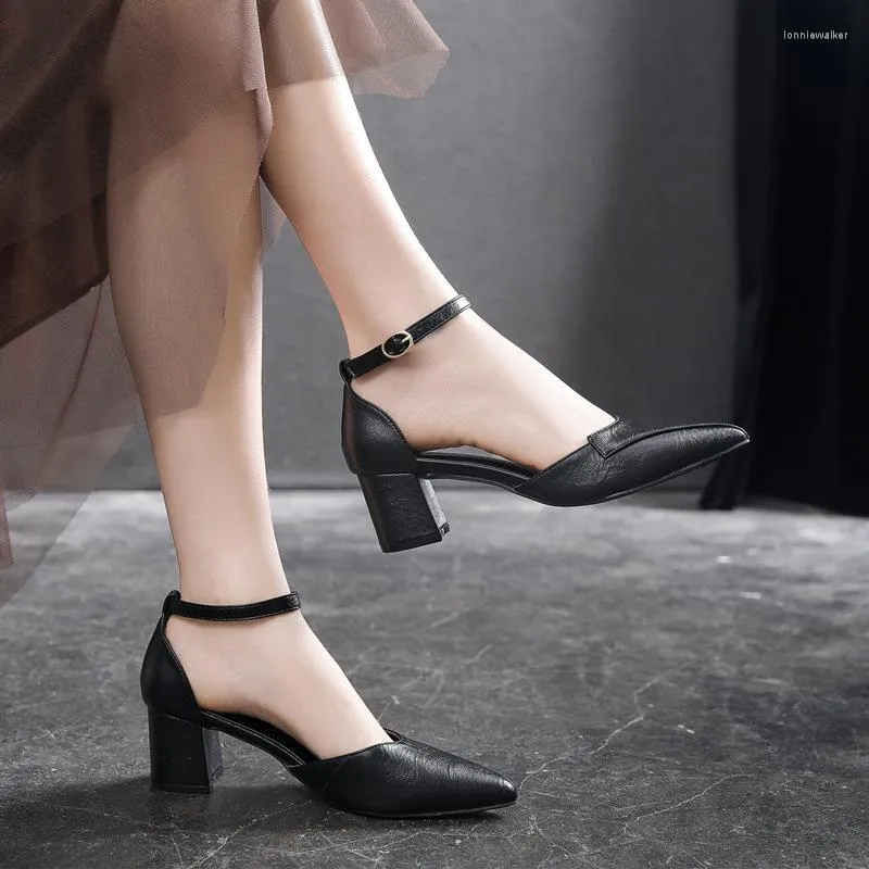 Sandals 30-44 Pointed Block Heel High Heels Small Size 31 32 33 Buckle Black Women Shoes Summer Woman