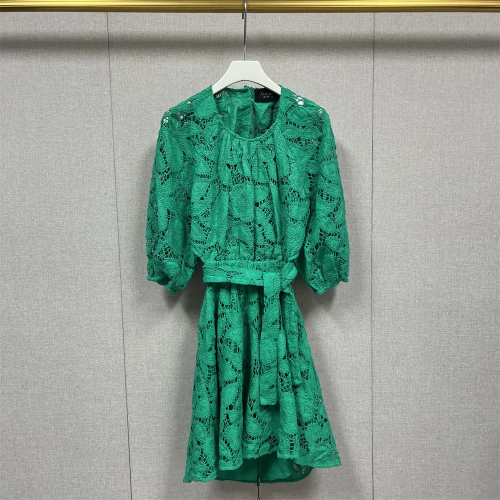 Backless Crochet A-line mini green mini ss for Women - Casual M-aje green mini ss with Hollowed-out