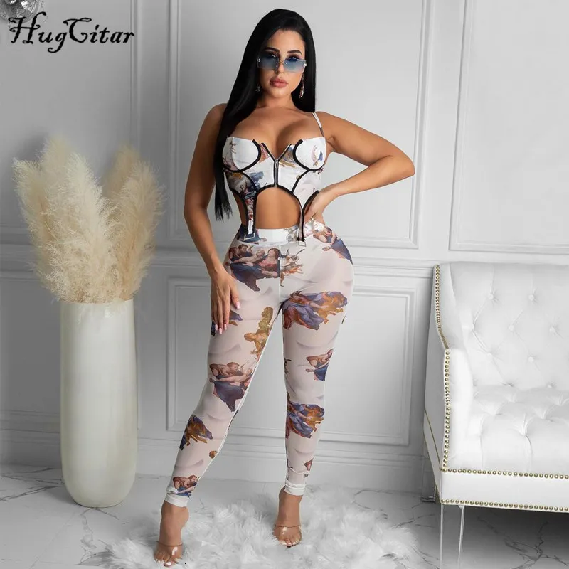 Kadınlar İki Parça Pantolon Hugcitar Sleeless Patchwork Fermuar Baskı Camis Taytlar 2 Eşleştirme Setleri İlkbahar Yaz Kadın Seksi Takip Kıyafetleri 230518