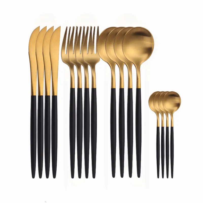 Dinnerware Sets Golden Tableware Cutlery Fork Spoon Knife Set Stainless Steel Cutlery Set Complete Dinnerware Set Black Gold 16 Pcs Eco Friendly 230518
