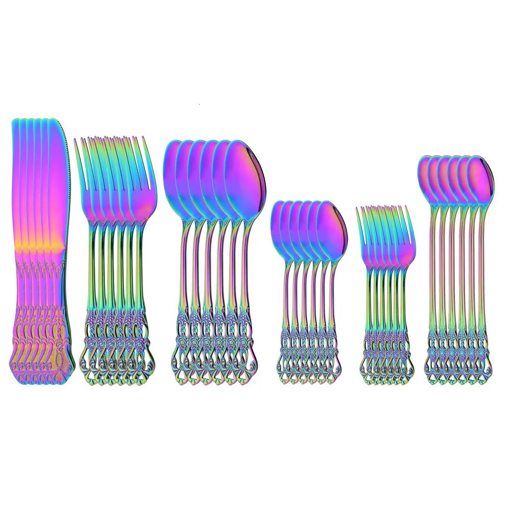 Set di stoviglie Western 36Pcs Posate Royal Rainbow Set di stoviglie Specchio in acciaio inossidabile Coltello Cucchiaio Forchetta Cucchiaio da ghiaccio Posate Set di stoviglie per la casa 230518