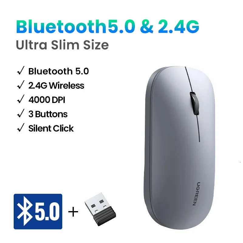 UGREEN Wireless Mouse Bluetooth5.0 Mouse Ergonomic 4000DPI 6 Mute Buttons  Mouse For MacBook Tablet Laptops Computer PC 2.4G Mice