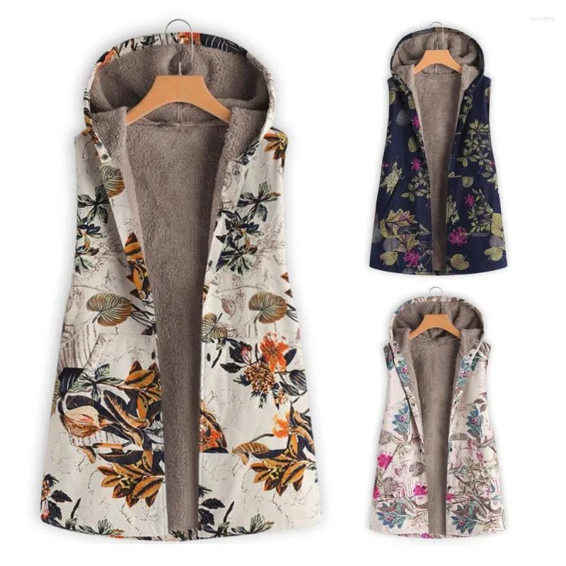 Femmes gilets femmes hiver gilet fleur impression polaire mi-longueur sans manches dame gilet simple boutonnage Vintage manteau pour la maison