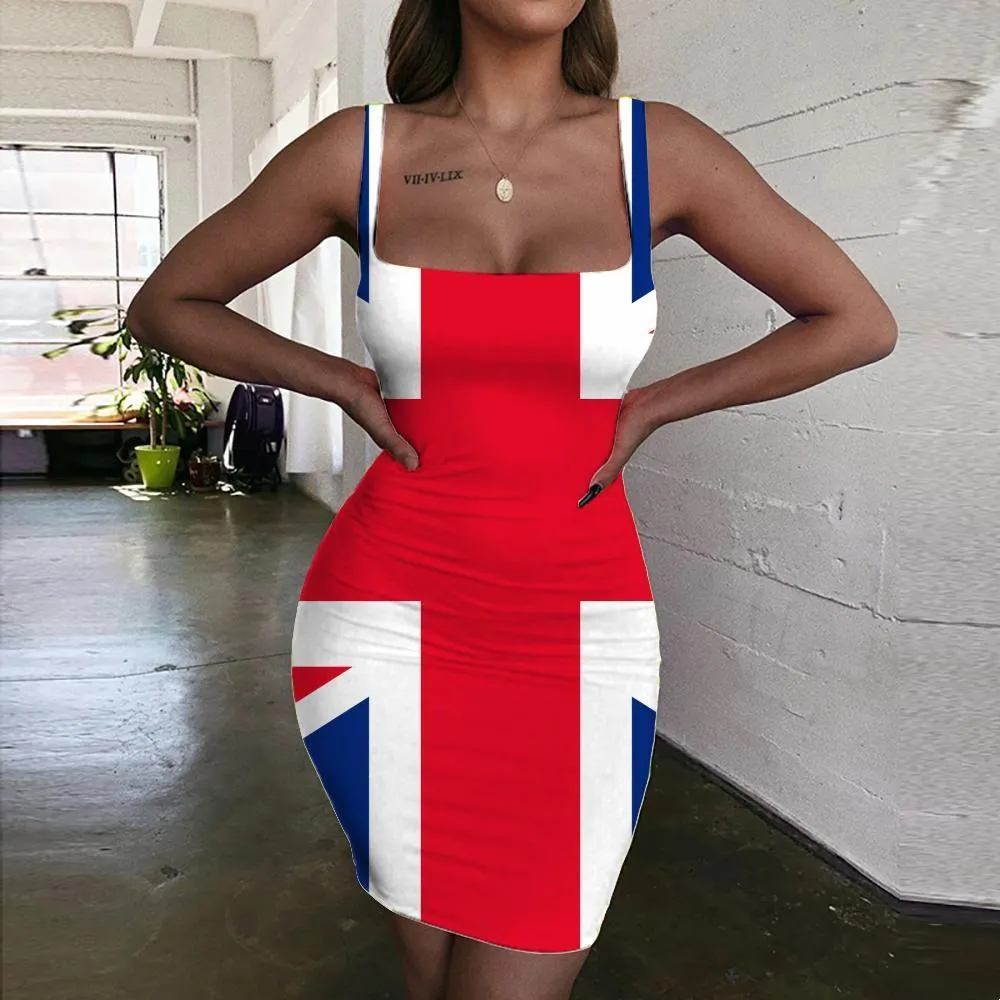 Grundlegende Freizeitkleider Marke Britische Flagge Frauen Vereinigtes Königreich Figurbetontes Kleid Geometrisches Halfter Ärmelloses Graffiti-Sommerkleid Buntes 3D-Druck 230518