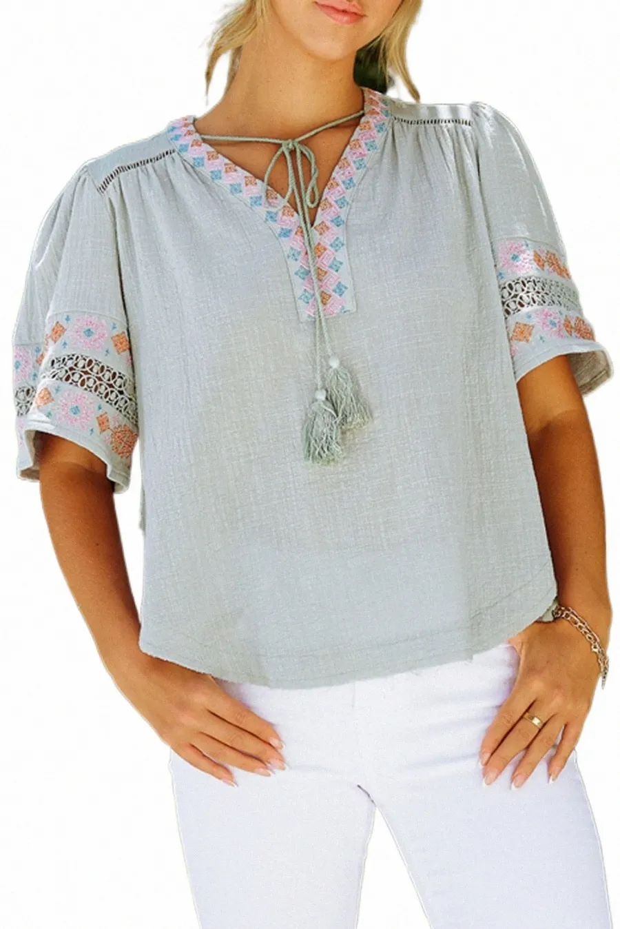 Grey Tassel Tassel Bording bordouied Halve Sanve V pescoço Top L3ZS#