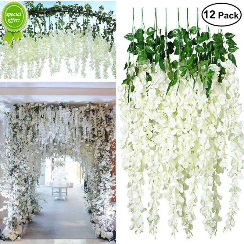 New 12PCS Wisteria Artificial Flower Home Decor Silk Vines Hanging Garland Fake Plants for Wedding Garden Outdoor Wall Decoration