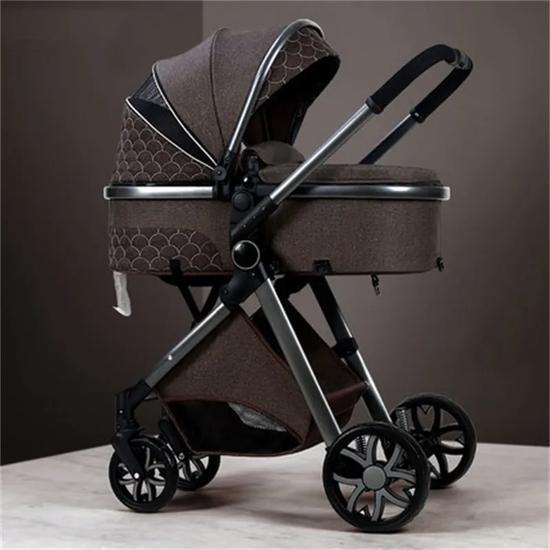 Poussette haute paysage bleu marron bébé fille et garçon chariot 3 en 1  coton motif à carreaux poussettes inclinable pliable populaire en plein air