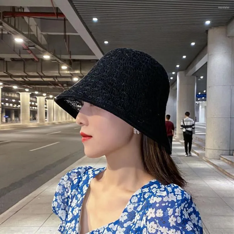 Wide Brim Hats Trendy Fisherman Hat Breathable Basin Round Dome Sunscreen  Hollow Out Crochet Floppy Top Sun