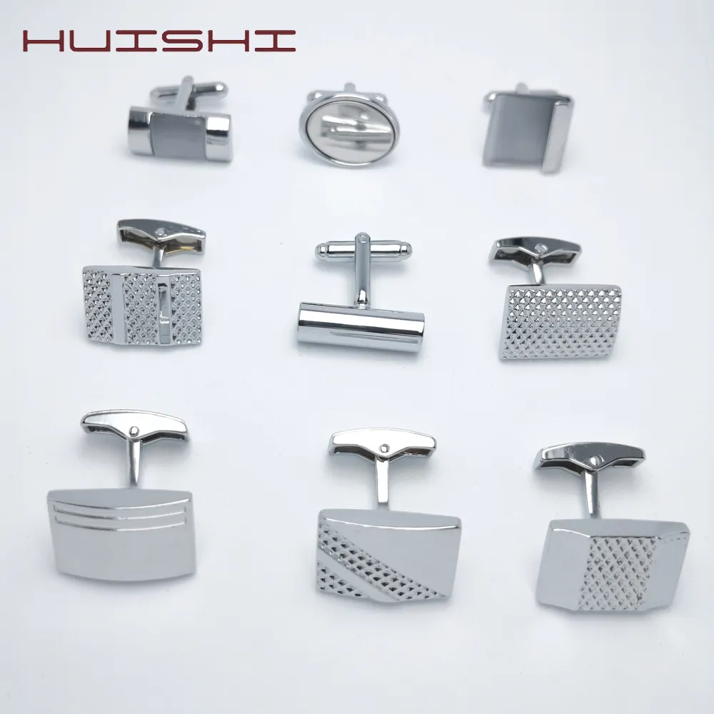 HUISHI Fashion Laser Engraved Designs Cufflinks Luxury Men's Shirts Silvery Cufflink High Quality Glossy Cat Eye Drill Jewelry