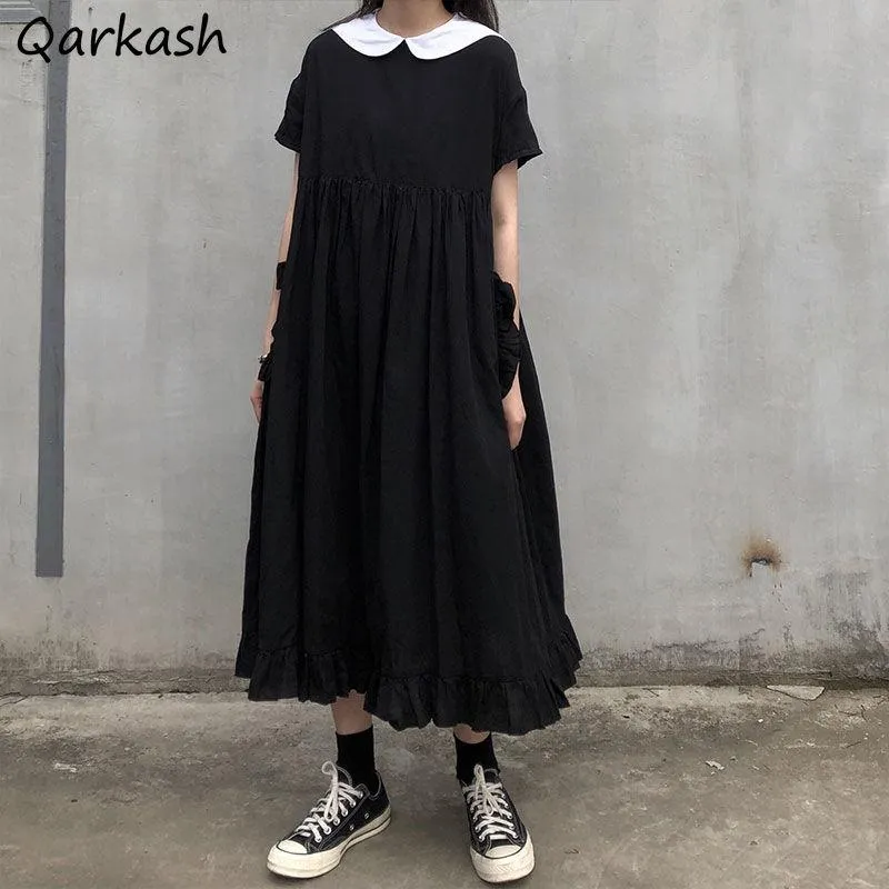 Dresses Dress Women Japanese College Style Summer Sweet Peter Pan Collar Kawaii Ruffles Short Sleeve Teen Girl Black Gothic Loose Chic