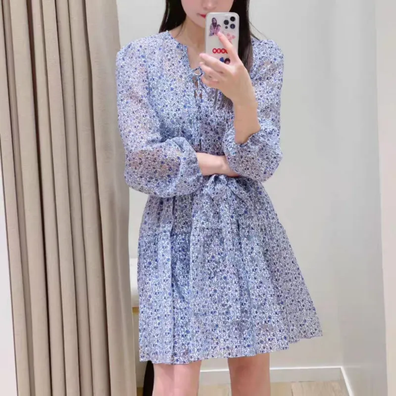 Save Big on Bulk Puff Sleeve Tie Front Dress Womens Petite Casual Dresses,  Floral Print Mini Dress With Puff Sleeves And Tie Front, High Waist,