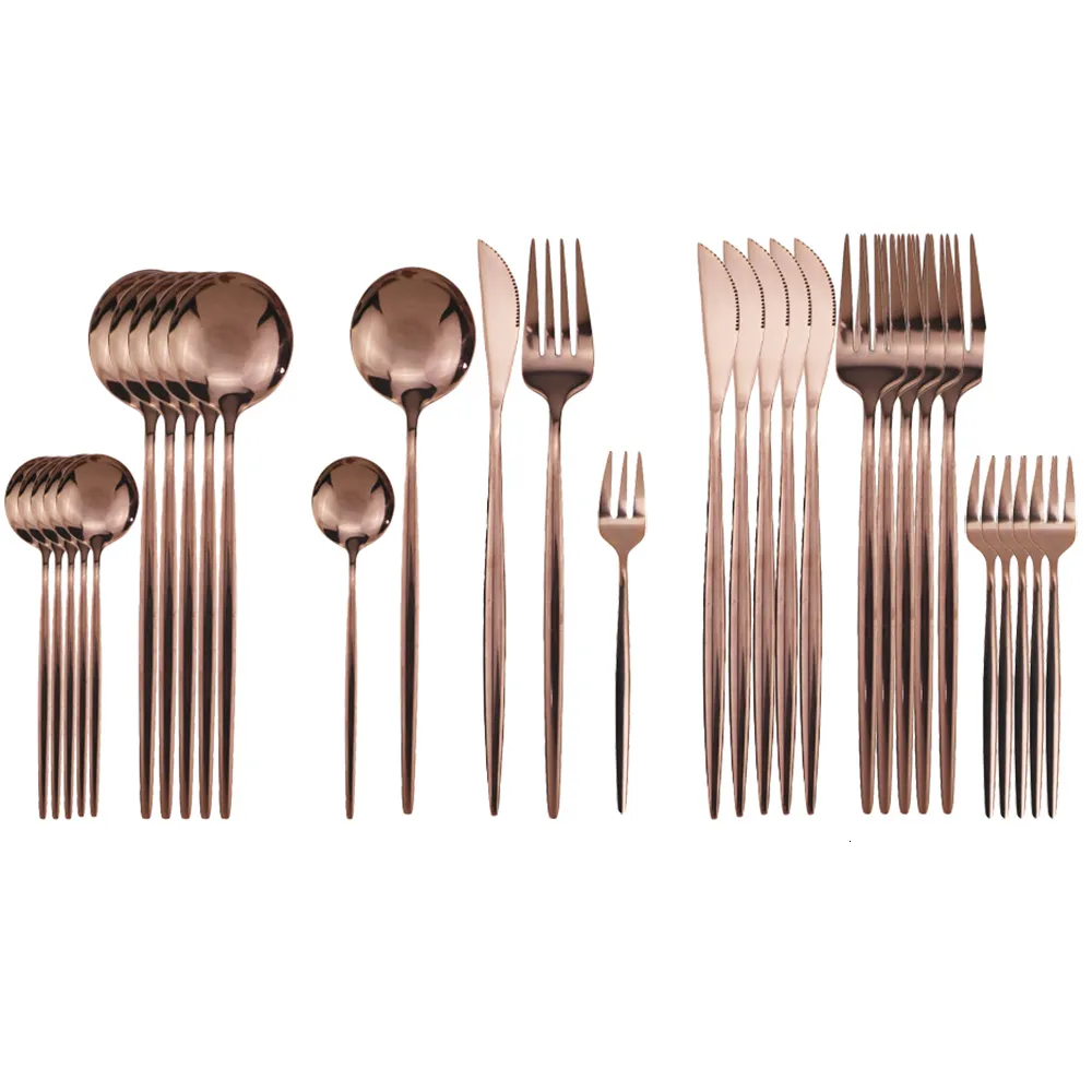 Conjuntos de utensílios de jantar 30pcs Conjunto de talheres de rosas de aço inoxidável conjunto de utensílios de aço dourado Dinnerware Shiny Flatware Set Dinner Faca garfo de frutas Bolo de frutas 230518