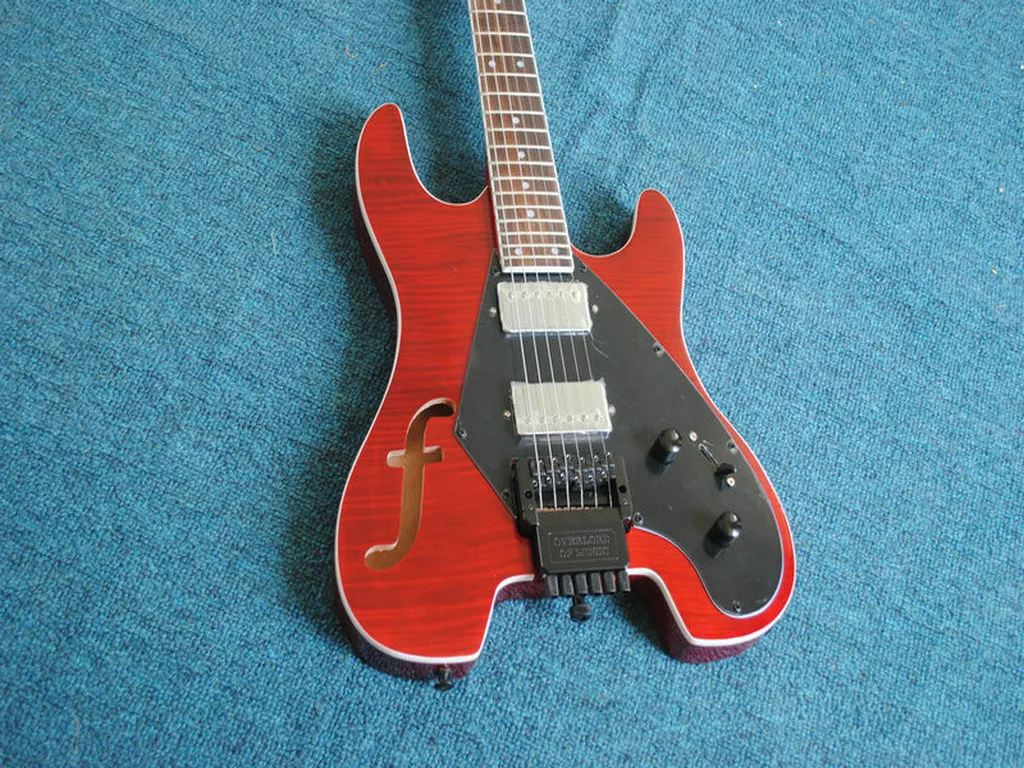 Özel Başsız Elektro Gitar, 6 String Drak Red Tiger Flame Üst Elektro Gitar F Delik