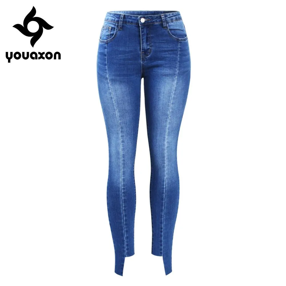 Jeans 2154 Youaxon skarvade jeans med falska bakfickor kvinna stretchig oregelbunden mager denim byxor byxor för kvinnor