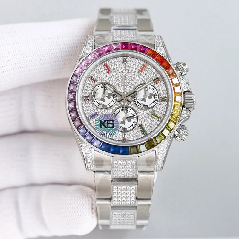 Diamond Watch Mens Automatic Mechanical 7750 Timing Function Watches Sapphire 41mm armbandsur med diamantbelagd stålarmband Montre de Luxe Orologi di lussso
