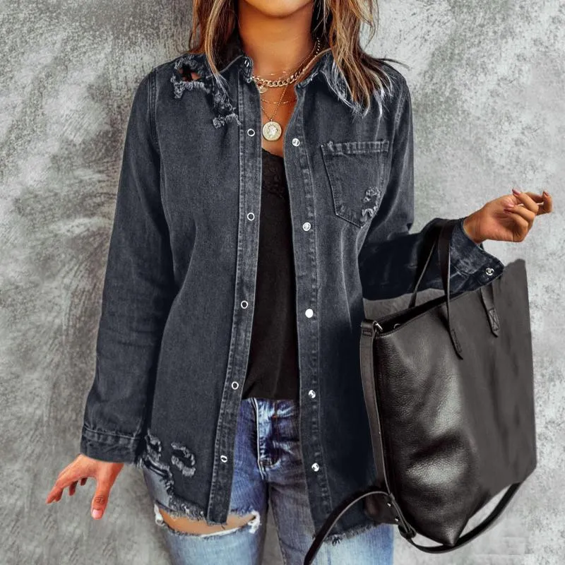 Damesjacks Jean Jacket for Women Stressed Frayed Denim Ladies scheurde stretchy met zakken dames