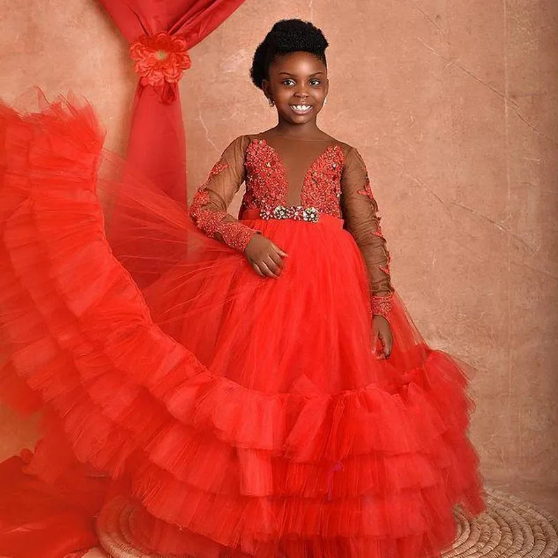 Coral Tier Layered Flower Girls Dresses Ball Gown Long Sleeves Tulle Child Birthday Photography Gown Bead Kids Pageant Skirts