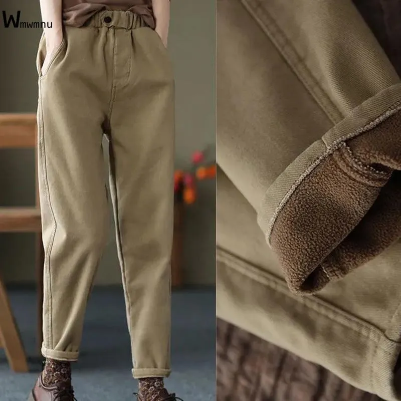 Capris Women Khaki High Waist Plus Velvet Anklelength Pants冬のカジュアル濃厚な暖かいハーレムズボンゆるいパンタロンコットンスウェットパンツ