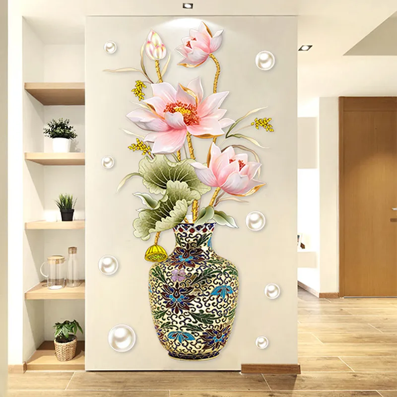 Adesivi murali Decorativo Stile cinese Vintage Vaso Adesivo murale Fiore di loto Pesce Decorazione Arte Rimovibile Soggiorno Sfondo Decorazioni per la casa 230517