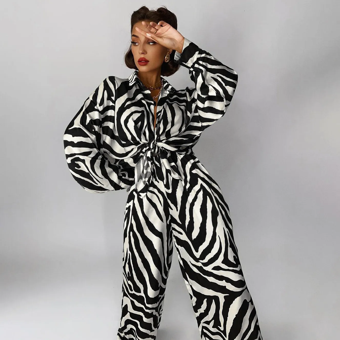 Pontas de duas peças femininas Mulheres impressão de zebra de duas peças Conjunto de leopardo de verão preto e branco lapela listrada impressa camisa de mangas compridas de manga longa de moda de calça solta 230518