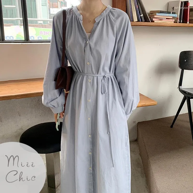 Casual Dresses Chic Solid Color Shirt Dress Women Loose Button Lace Up Maxi Elegant Ladies Streetwear 2023 Autumn Winter Clothes