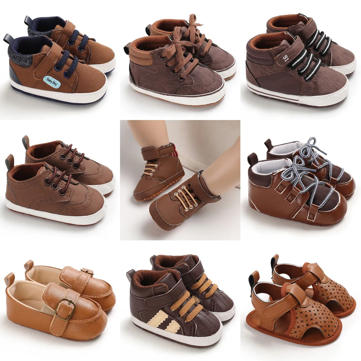 Sandálias nascidas sapatos de bebê marrom com tema de garotos e meninas de meninos casuais tênis casuais solo solo solo não deslizamento sapatos de primeira linha 230517