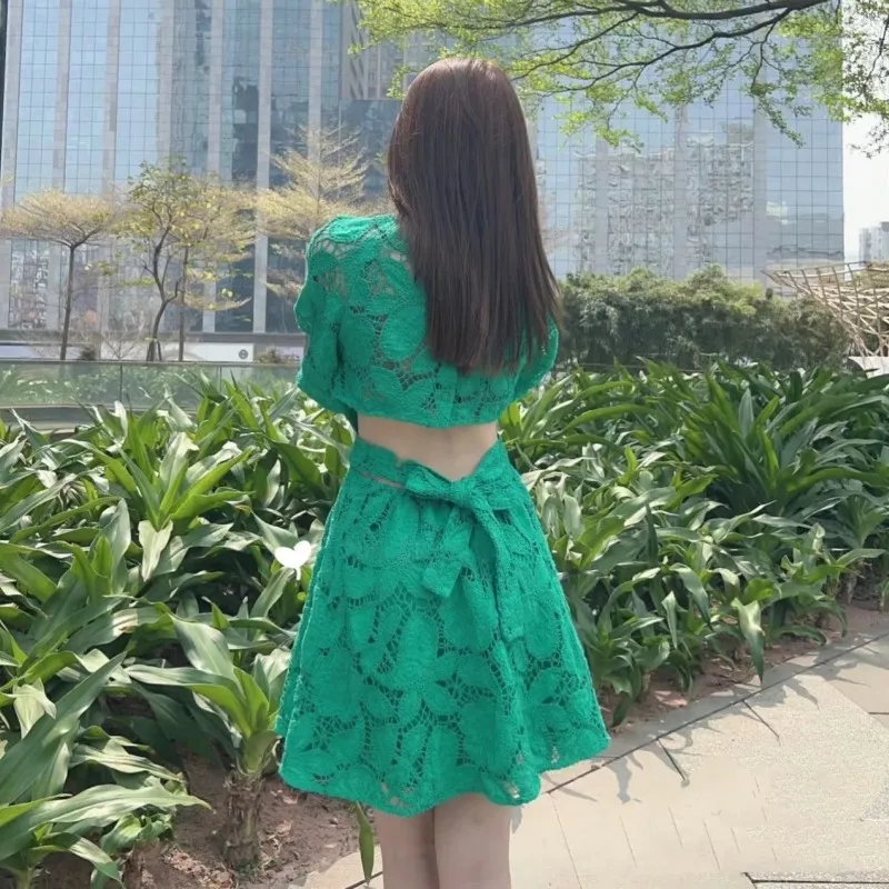 Backless Crochet A-Line Mini Green Mini SS for Women - Casual M-Aje Green Mini SS with Hollowed-Out