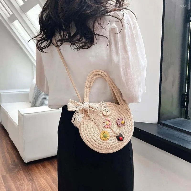 DHgate Womens Circular Handbags Woven Top Handle Flower Round Bag Summer Trend Handmade Bow Shoulder Bag Bags Luggage Accessories