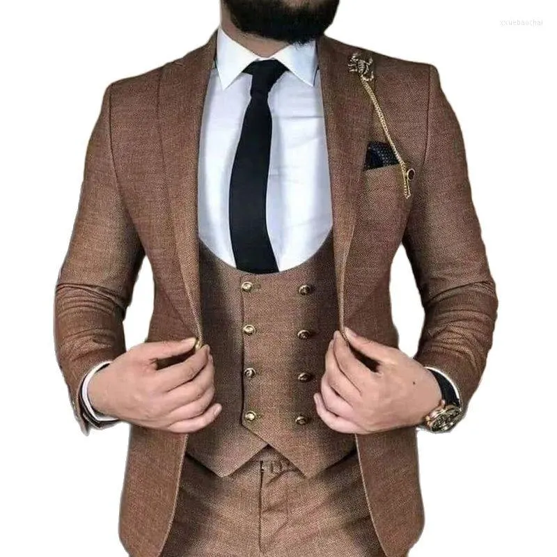 Herenpakken Brown Business Men Slim Fit mannelijke mode bruiloft Tuxedo voor bruidegom diner 3 stuks jasvest met broek formeel kostuum