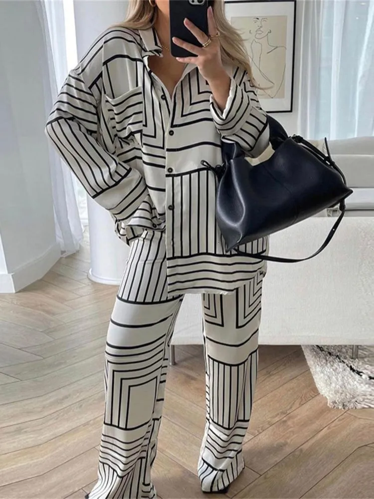 Tweedelige broek voor vrouwen Vrouwen Casual Print High Taille Pants Sets Spring Elegant Loose Long Sleeve Blouse Home Two -Pally Set Fashion Wide Trouser Suits 230518