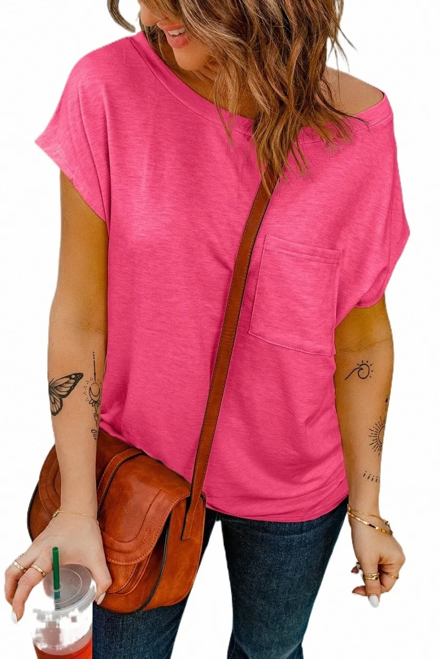 rose Pocketed Tee with Side Slits 2023 Hot New p3Lo#