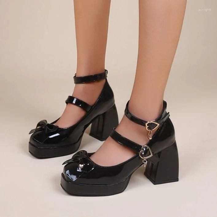 Dress Shoes Heart Buckle Platform Stiletto Heels Mary Janes Women Chunky Square Toe Goth Pumps Heel On 2023
