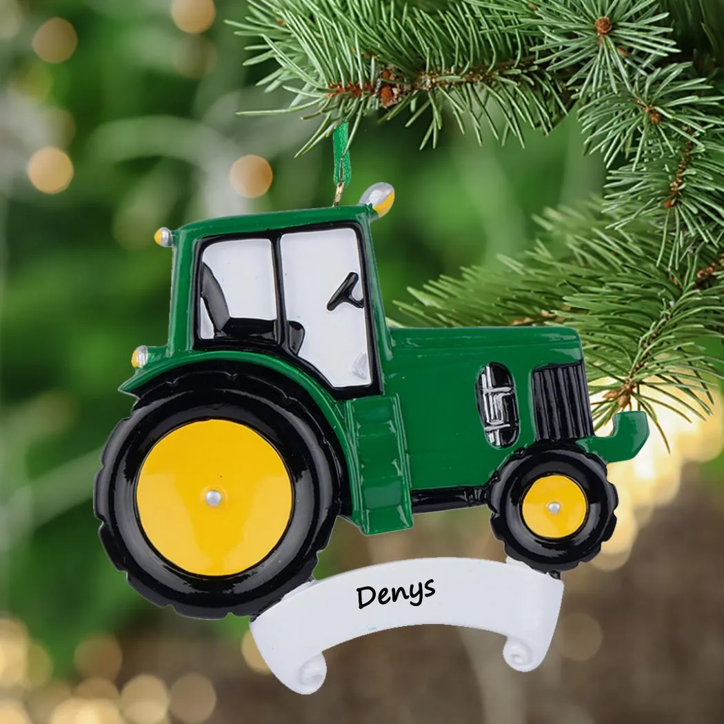 Maxora Tractor Verde Poliresina Árbol de Navidad Adornos de ocupación Nombre de escritura libre Regalos personalizados para la fiesta navideña Decoración del hogar