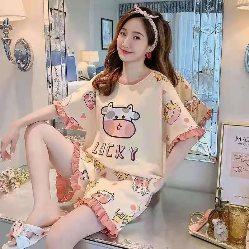 Lu's Chic Women's Graphic Pajama Set - Cute Cartoon Print, Short Sleeve Tee & Shorts, Pink Cup Design, Medium