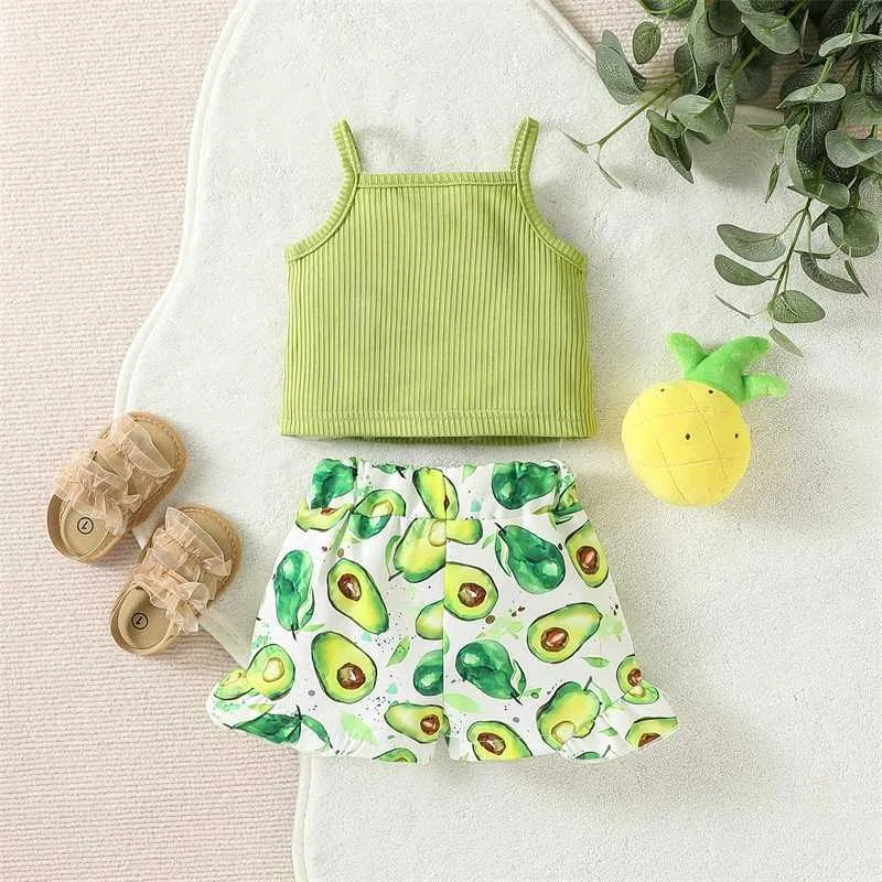 Clothing Sets Baby Girls Shorts Set Straps Camisole with Elastic Waist Avocado Print Shorts