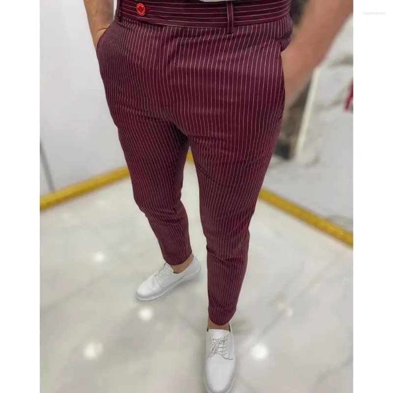 Men's Pants Striped Trousers For Men Fashion Men's Clothes Wine Red Casual Pencil Classic Retro Wedding Party Formal Suit Business