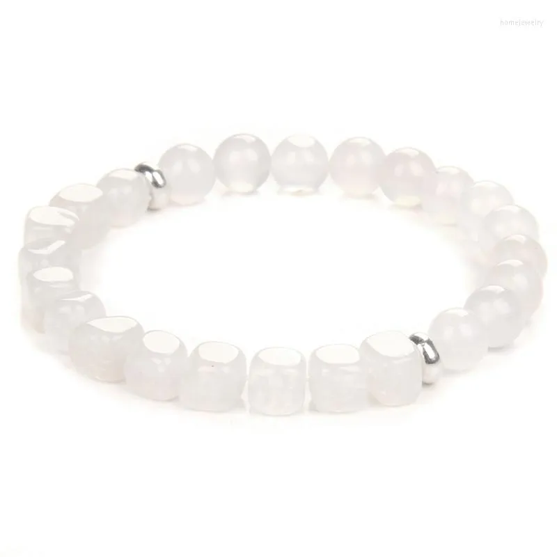 Strand Fashion White Agates Armband Hematite Square Round 6-8mm pärlor Stretch CZ Crown Charm Bangles Reiki Meditation Jewelry