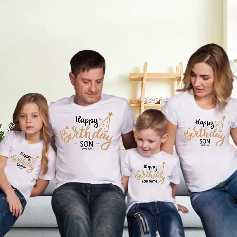 Family Matching Outfits Happy Birthday Tshirt Custom Name T Shirt Mommy Daddy Brother Sister Daughter Son Auntie Grandma Paarty 230518